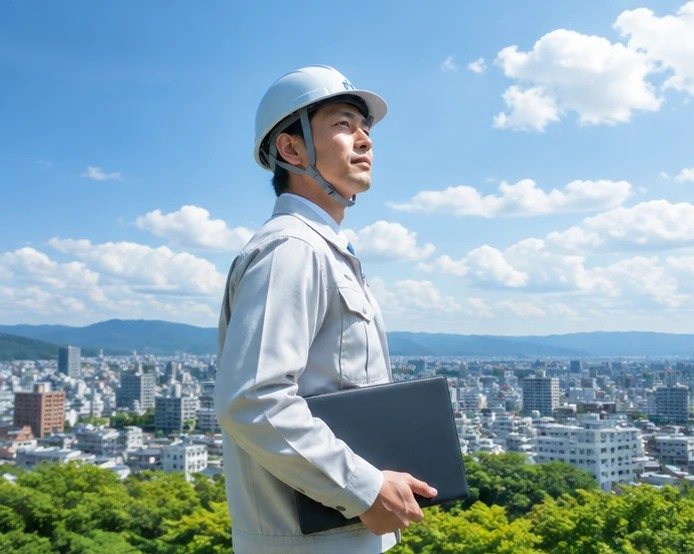 ヘルメットをかぶった現場監督が市街地を見渡している