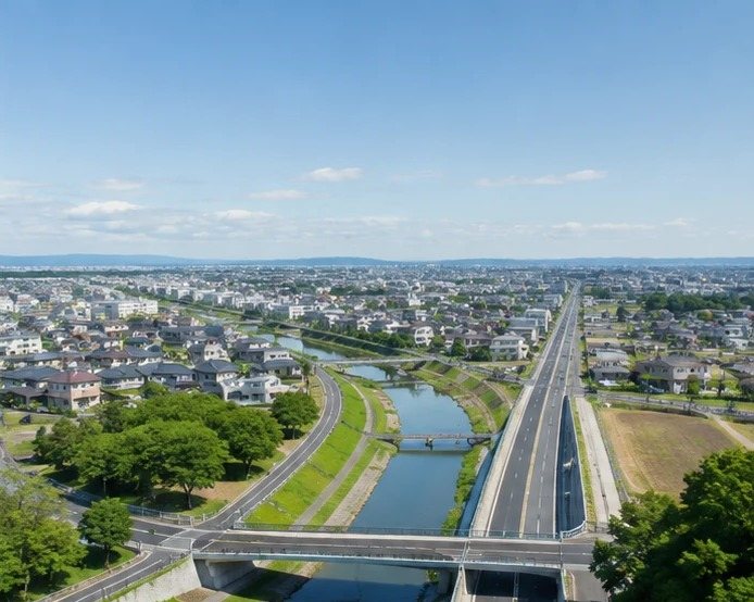 市街地を通る道路と河川を上空から見た様子