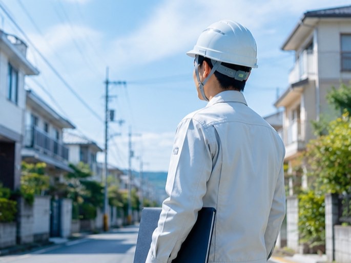 住宅街の道で建物を見上げる調査員の後ろ姿