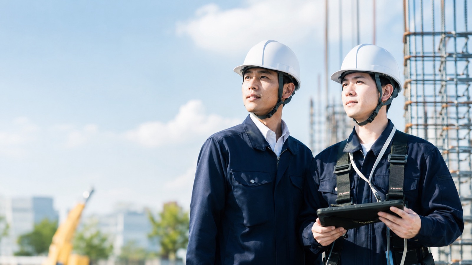 ヘルメット姿の技術者2名が、青空の下の現場でタブレットを手に見上げている